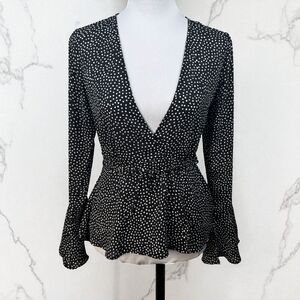 Lulus Women Blouse Sz XS Black White Polka Dot Peplum Wrap Flutter Long Sleeve